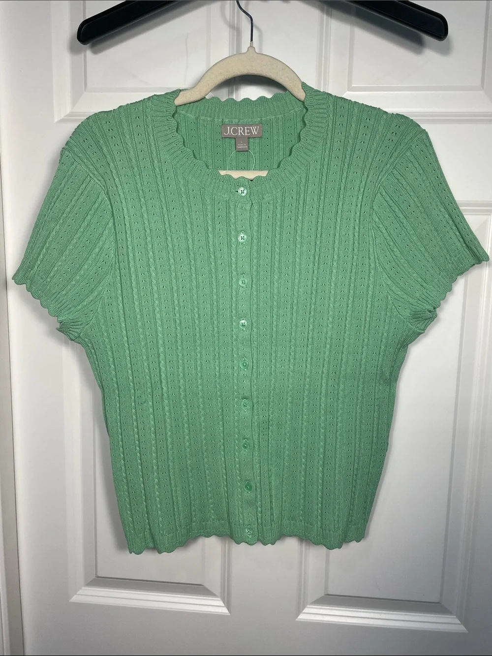 J. Crew Jackie Pointelle Cardigan Large Matcha Macaron Green Short Sleeve